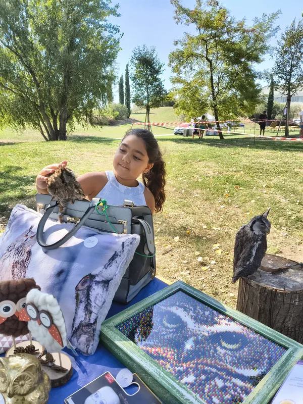 Una bambina accarezza un piccolo gufo durante il festival