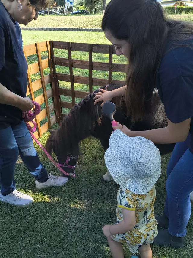 Una bambina spazzola un pony accompagnata da un’operatrice