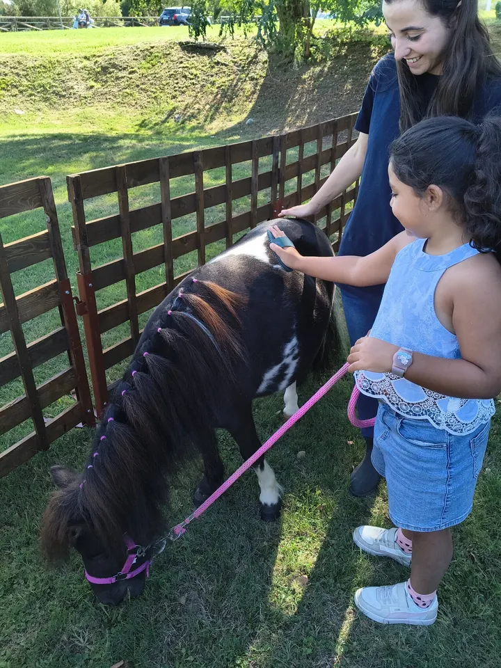 Una bambina si prende cura del pony con un’operatrice al suo fianco